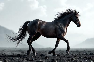 Primary subject: A horse running on a rocky surface.

Setting/background: The horse is running on a rocky terrain, with mountains in the background.

Visual style: The image is a black and white photo.

Colors and mood: The image has a dramatic and moody atmosphere, with the black and white color scheme adding to the intensity of the scene.
