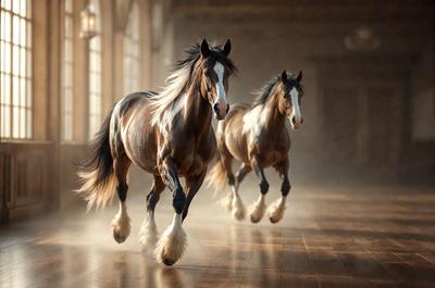 Primary subject: Two horses running in a room.

Setting/background: The room has a wooden floor, and there are two windows in the background.

Visual style: The image is a photo of the two horses running in the room.

Colors and mood: The image has a warm and dynamic atmosphere, with the horses' movement and the wooden floor creating a sense of energy and motion.
