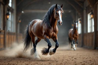 Primary subject: A brown horse with a white face running through a tunnel.

Setting/background: The horse is running through a tunnel, which is a dark and enclosed space.

Visual style: The image is a photo of the horse in motion.

Colors and mood: The dominant colors are brown and white, with a sense of motion and energy.