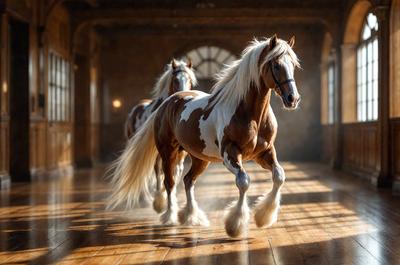 Primary subject: Two horses standing in a room.

Setting/background: The room has a wooden floor and a doorway.

Visual style: The image is a photo.

Colors and mood: The room has a warm and cozy atmosphere, with the horses' presence adding a sense of liveliness and energy.