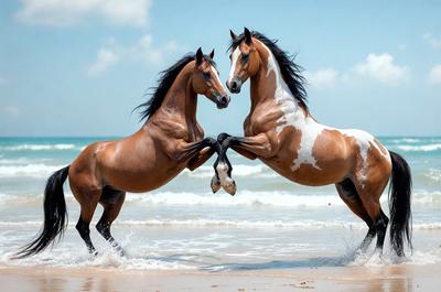 The primary subject of the image is two horses standing on a beach. They are positioned close to each other, with one horse on the left and the other on the right. The setting is a beach, with the ocean visible in the background. The visual style of the image is a photo, capturing the horses in their natural environment. The colors and mood of the image are predominantly brown and white, with a calm and serene atmosphere.