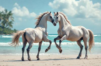 The primary subject of the image is two horses standing on a beach. They are facing each other, possibly engaging in a playful interaction. The setting is a beach with a blue ocean in the background. The visual style of the image is a photo, capturing the horses in their natural environment. The colors and mood of the image are predominantly blue and serene, reflecting the calming atmosphere of the beach.