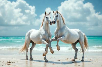 The primary subject of the image is two white horses standing on a beach. They are positioned close to each other, with one horse slightly behind the other. The setting is a beach with a body of water in the background. The visual style of the image is a photo, capturing the horses in their natural environment. The colors and mood of the image are predominantly white, creating a serene and peaceful atmosphere.