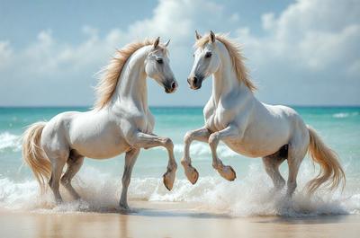 The primary subject of the image is two white horses running on a beach. The setting is a sandy beach with the ocean in the background. The visual style is a photo, capturing the horses in motion. The colors and mood of the image are predominantly white, with the horses' manes and tails adding a touch of brown. The overall atmosphere is energetic and dynamic, as the horses are captured in action.
