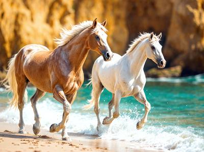 Primary subject: Two horses running on the beach.

Setting/background: The beach is the main environment, with the ocean in the background.

Visual style: The image is a photo of the two horses running on the beach.

Colors and mood: The colors are predominantly brown and white, with the ocean providing a blue and calming atmosphere.