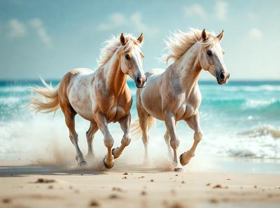 Primary subject: Two horses running on the beach.

Setting/background: The beach is the backdrop for the horses running.

Visual style: The image is a photo of the two horses.

Colors and mood: The colors are predominantly white and brown, with the ocean providing a blue backdrop. The mood is energetic and dynamic, as the horses are running freely on the beach.