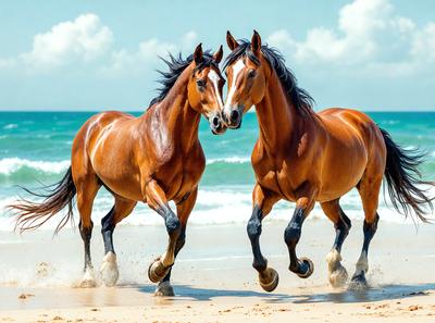 The primary subject of the image is two brown horses running on a beach. The setting is a sandy beach with the ocean in the background. The visual style is a photo, capturing the horses in motion. The colors and mood of the image are warm and energetic, as the horses are running and enjoying their time on the beach.