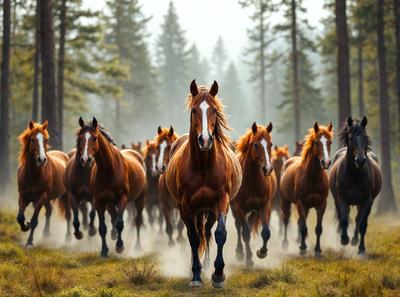 The primary subject of the image is a brown horse with a white stripe on its face, running through a forest. The setting is a lush green forest with trees surrounding the horse. The visual style is a photo of the horse in motion, capturing its energy and grace. The colors and mood of the image are vibrant and natural, with the horse's brown and white colors contrasting beautifully against the green forest backdrop.