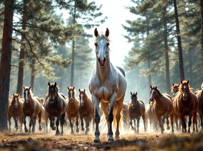 Primary subject: A white horse standing in a field.

Setting/background: The horse is surrounded by a forest, with trees in the background.

Visual style: The image is a photo of the horse in the field.

Colors and mood: The photo has a sepia tone, giving it a warm and nostalgic atmosphere.