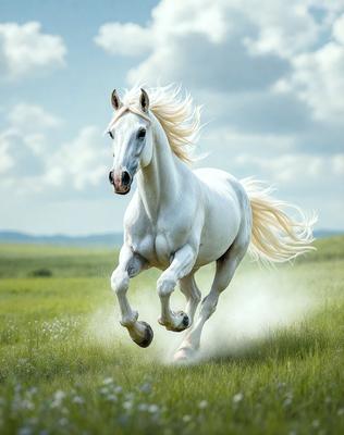 Primary subject: A white horse running in a grassy field.

Setting/background: The horse is running in a grassy field with a cloudy sky in the background.

Visual style: The image is a digital art or illustration of a white horse running in a field.

Colors and mood: The image has a vibrant and lively atmosphere, with the white horse as the main focus and the grassy field providing a natural and serene backdrop.