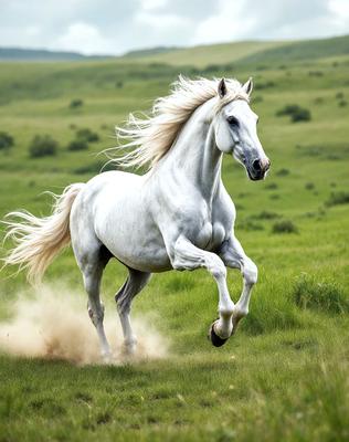 The primary subject of the image is a white horse running through a grassy field. The horse is the main focus of the scene, and it appears to be galloping or running with its mane flying in the wind. The setting is a lush green field, providing a natural and serene backdrop for the horse. The visual style of the image is a photo, capturing the horse in motion and the surrounding environment. The colors in the image are predominantly green, representing the grassy field, and the white horse stands