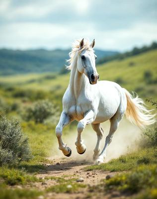 Primary subject: A white horse running through a grassy field.

Setting/background: The horse is running on a dirt road surrounded by grass and trees.

Visual style: The image is a photo of the horse in motion.

Colors and mood: The image has a warm and natural color palette, with the white horse standing out against the green grass and brown dirt.