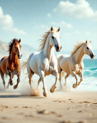 Primary subject: Three horses running on the beach.

Setting/background: The beach is the setting for the horses running.

Visual style: The image is a photo of the horses running on the beach.

Colors and mood: The colors in the image are predominantly white and brown, with the sand and water adding to the overall atmosphere. The mood of the image is energetic and dynamic, as the horses are captured in motion.