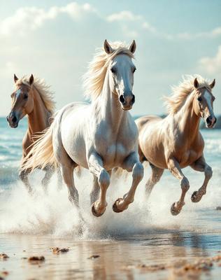 The primary subject of the image is a group of four horses running on a beach. The setting is a sandy beach with the ocean in the background. The visual style is a photo, capturing the horses in motion. The colors and mood of the image are predominantly warm and vibrant, with the horses' white and brown coats contrasting against the sandy beach and the blue ocean.