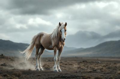 Primary subject: A horse standing in a field.

Setting/background: The horse is standing in a field with mountains in the background.

Visual style: The image is a photo of the horse in the field.

Colors and mood: The image has a black and white color scheme, giving it a classic and timeless feel.