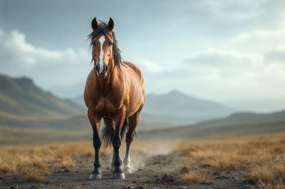 Primary subject: A brown horse with a white face standing in a field.

Setting/background: The horse is standing in a field with mountains in the background.

Visual style: The image is a photo of the horse in the field.

Colors and mood: The horse has a white face, and the overall atmosphere of the image is serene and natural.