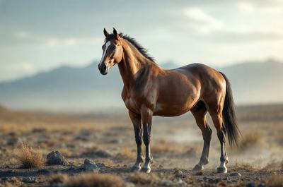 Primary subject: A brown horse standing in a field.

Setting/background: The horse is standing in a field with mountains in the background.

Visual style: The image is a photo of the horse in the field.

Colors and mood: The horse is brown, and the overall atmosphere of the image is serene and natural.