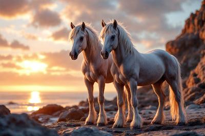 Primary subject: Two white horses standing on rocks.

Setting/background: The horses are standing on rocks near the ocean, with a cloudy sky in the background.

Visual style: The image is a digital artwork.

Colors and mood: The image has a warm and serene atmosphere, with the white horses and the ocean creating a peaceful scene.