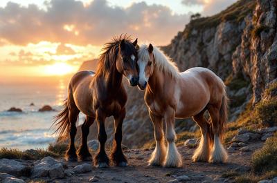 Primary subject: Two horses standing next to each other.

Setting/background: A hillside with a beautiful view of the ocean.

Visual style: A photo of the two horses.

Colors and mood: The image is in black and white, giving it a classic and timeless feel. The horses are standing in front of a picturesque ocean view, creating a serene and peaceful atmosphere.