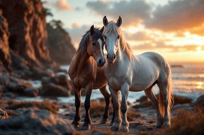 The primary subject of the image is a pair of horses standing next to each other on a beach. The setting is a rocky coastline with a body of water in the background. The visual style is a photo, capturing the horses in their natural environment. The colors and mood of the image are warm and serene, with the sunset casting a golden glow over the scene.