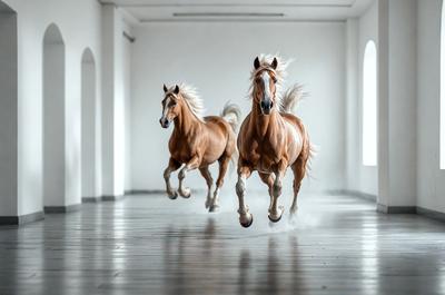 Primary subject: Two brown horses running in a white room.

Setting/background: The room is white, and the horses are running on a wooden floor.

Visual style: The image is a black and white photo.

Colors and mood: The dominant colors are white and brown, creating a contrasting and dynamic atmosphere.