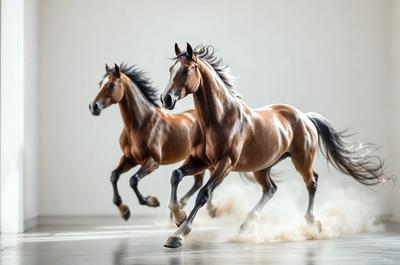 The primary subject of the image is a brown horse running on a white surface. The horse is captured in motion, showcasing its speed and grace. The setting appears to be a studio or a controlled environment, as the horse is running on a white background. The visual style of the image is a high-quality photo, capturing the horse's beauty and athleticism. The colors in the image are predominantly brown and white, creating a sense of motion and energy.