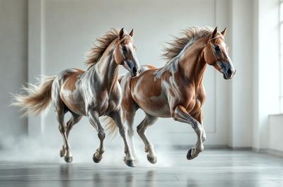 The primary subject of the image is a pair of horses, both brown and white, running side by side in a white room. The setting appears to be a studio or a controlled environment, as the horses are running on a hardwood floor. The visual style of the image is a photo, capturing the horses in motion. The dominant colors in the image are white and brown, with the white room and the horses' coats providing a clean and natural atmosphere.