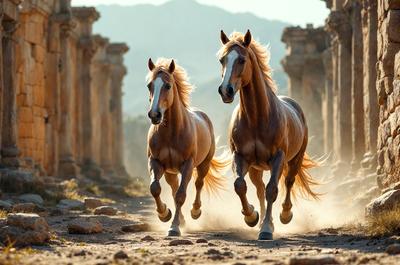Primary subject: Two brown horses running on a dirt road.

Setting/background: The horses are running on a dirt road, with a mountainous background.

Visual style: The image is a photo of the two horses running.

Colors and mood: The image has a warm and natural color palette, with the brown horses and the dirt road creating a sense of movement and energy.