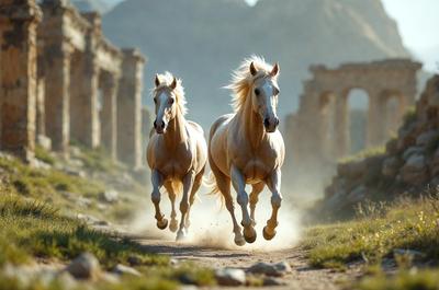 Primary subject: Two horses running on a dirt road.

Setting/background: The horses are running on a dirt road, with a mountainous landscape in the background.

Visual style: The image is a photo of the two horses running.

Colors and mood: The image has a warm and dynamic color palette, with the horses' coats and the surrounding environment creating a sense of motion and energy.