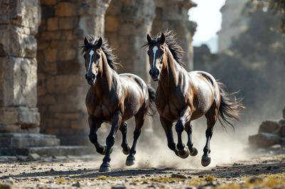 Primary subject: Two horses running together.

Setting/background: An old stone building with arches.

Visual style: A photo of the two horses running.

Colors and mood: The image is in black and white, giving it a classic and timeless feel.