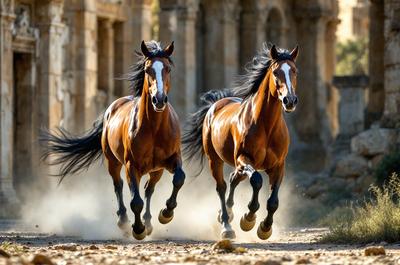 Primary subject: Two brown horses running on a dirt road.

Setting/background: The horses are running in front of a building, possibly an old temple.

Visual style: The image is a photo of the two horses in motion.

Colors and mood: The image has a warm and dynamic color palette, with the horses' brown coats and the dirt road creating a sense of motion and energy.