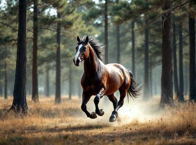 Primary subject: A brown horse running through a forest.

Setting/background: The horse is running through a forest with trees in the background.

Visual style: The image is a photo of the horse running through the forest.

Colors and mood: The image has a warm and natural color palette, with the brown horse and the green trees creating a sense of movement and freedom.