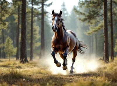 Primary subject: A brown horse running through a forest.

Setting/background: The horse is running through a forest with trees and grass.

Visual style: The image is a photo of the horse in motion.

Colors and mood: The image has a warm and natural color palette, with the brown horse and the green forest creating a sense of movement and freedom.