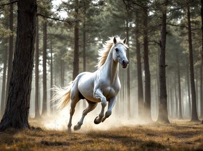 Primary subject: A white horse running through a forest.

Setting/background: The horse is running through a forest with trees surrounding it.

Visual style: The image is a photo of the horse in motion.

Colors and mood: The photo has a sepia tone, giving it a warm and nostalgic atmosphere.