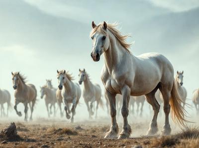 Primary subject: A white horse with a flowing mane.

Setting/background: A foggy, open field.

Visual style: A photo of the horse in motion.

Colors and mood: The image is in black and white, giving it a classic and timeless feel.