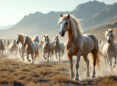 Primary subject: A group of horses running in a field.

Setting/background: The horses are running in a grassy field with mountains in the background.

Visual style: The image is a photo of the horses running in the field.

Colors and mood: The image has a warm and natural color palette, with the horses' coats and the grassy field creating a sense of freedom and energy.
