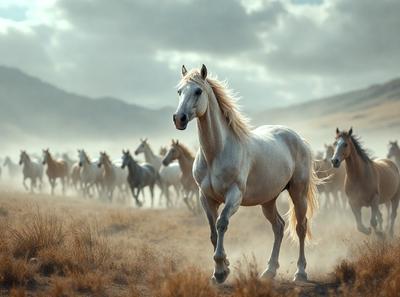 Primary subject: A white horse with a flowing mane.

Setting/background: A field with a mountain in the background.

Visual style: A photo of the horse in the field.

Colors and mood: The image is in black and white, giving it a classic and timeless feel.