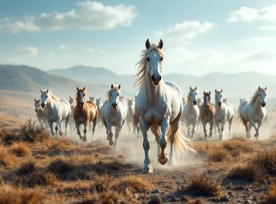 Primary subject: A white horse running in a field.

Setting/background: The horse is running in a field with mountains in the background.

Visual style: The image is a photo of the horse running in the field.

Colors and mood: The image has a warm and natural color palette, with the white horse standing out against the field and mountain backdrop.