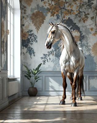 Primary subject: A white horse standing in a room.

Setting/background: The horse is standing in a room with a window, a potted plant, and a wallpapered wall.

Visual style: The image is a digital art or illustration of a horse.

Colors and mood: The room has a warm and inviting atmosphere, with the white horse being the main focus.