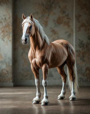 The primary subject of the image is a brown horse standing in a room. The horse is positioned in the center of the scene, and it appears to be the main focus of the image. The setting is a room with a wallpapered wall, which serves as the background for the horse. The visual style of the image is a photo, capturing the horse in its natural environment. The colors in the image are predominantly brown, giving the scene a warm and earthy atmosphere.