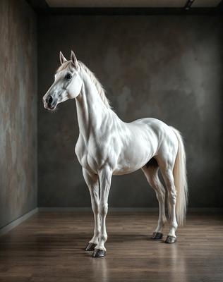 Primary subject: A white horse standing in a room.

Setting/background: The horse is standing in a room with a wall behind it.

Visual style: The image is a photo of the horse.

Colors and mood: The horse is white, and the overall atmosphere is calm and serene.