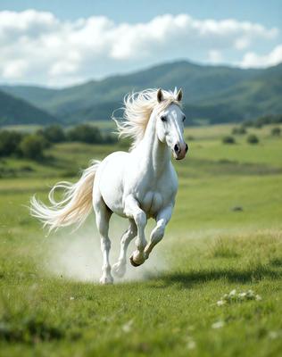 The primary subject of the image is a white horse running through a grassy field. The horse is the main focus of the scene, and it appears to be enjoying its time in the open field. The setting is a lush green field, providing a natural and serene backdrop for the horse. The visual style of the image is a photo, capturing the horse in motion and the surrounding environment. The colors in the image are predominantly green, with the white horse standing out against the vibrant grassy field. The