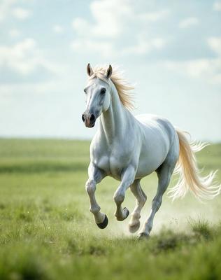 Primary subject: A white horse running in a grassy field.

Setting/background: The horse is running in a grassy field with a blue sky in the background.

Visual style: The image is a photo of the horse in motion.

Colors and mood: The dominant colors are green from the grass and blue from the sky. The overall atmosphere is energetic and lively, as the horse is galloping through the field.