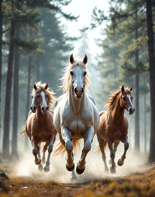 Primary subject: A white horse running through a forest.

Setting/background: The horse is running through a forest with trees in the background.

Visual style: The image is a photo of the horse running through the forest.

Colors and mood: The image has a vibrant and lively atmosphere, with the white horse standing out against the green forest.