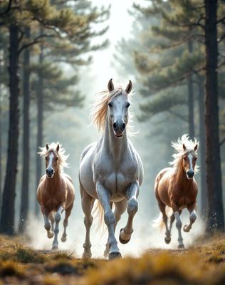 Primary subject: A white horse running through a forest.

Setting/background: The horse is running through a forest with trees in the background.

Visual style: The image is a photo of the horse running through the forest.

Colors and mood: The image has a vibrant and lively atmosphere, with the white horse standing out against the green forest.
