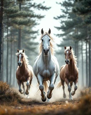 Primary subject: A white horse running through a forest.

Setting/background: The horse is running through a forest with trees in the background.

Visual style: The image is a photo of the horse running through the forest.

Colors and mood: The image has a warm and natural color palette, with the white horse standing out against the green forest. The mood of the image is energetic and dynamic, as the horse appears to be running with speed and grace.