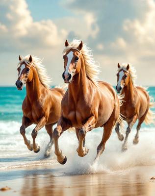 The primary subject of the image is a group of four horses running on a beach. The setting is a sandy beach with the ocean in the background. The visual style is a photo, capturing the horses in motion. The colors and mood of the image are predominantly warm and vibrant, with the horses' manes and tails flowing in the wind, creating a sense of freedom and energy.