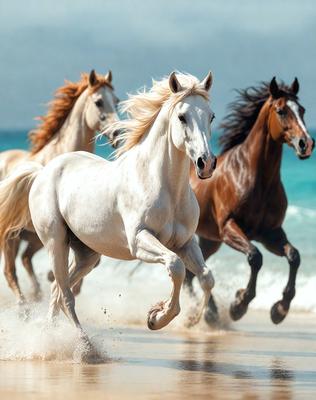 Primary subject: A white horse running on the beach.

Setting/background: The beach with the ocean in the background.

Visual style: The image is a photo of the white horse running on the beach.

Colors and mood: The image has a vibrant and energetic atmosphere, with the white horse standing out against the backdrop of the ocean and beach.