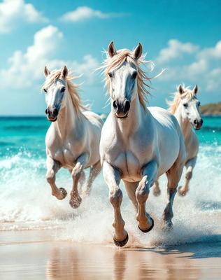 The primary subject of the image is a group of three white horses running along the beach. The setting is a beautiful beach with the ocean in the background. The visual style of the image is a photo, capturing the horses in motion. The colors and mood of the image are predominantly white, with the horses' white coats and the white ocean waves creating a serene and peaceful atmosphere.