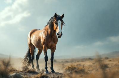 Primary subject: A brown horse with a white face standing in a field.

Setting/background: The horse is standing in a field with a cloudy sky in the background.

Visual style: The image is a photo of the horse in the field.

Colors and mood: The horse has a brown body with a white face, and the overall atmosphere of the image is calm and serene.